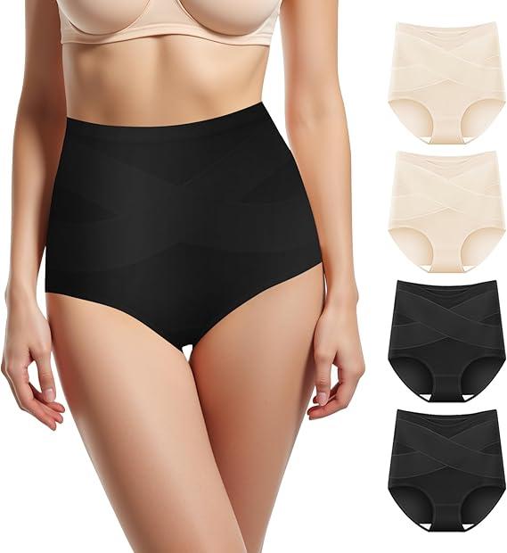Women's High Waisted Underwear Slightly Tummy Control Cotton Panties Full Coverage Postpartum Briefs 4 Pack