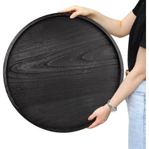 Round Ottoman Table Tray Round-24 - Rustic Wooden Serving Tray for Farmhouse Decorative Oversized Coffee Table Trays Living Room Kitchen Counter Breakfast Black