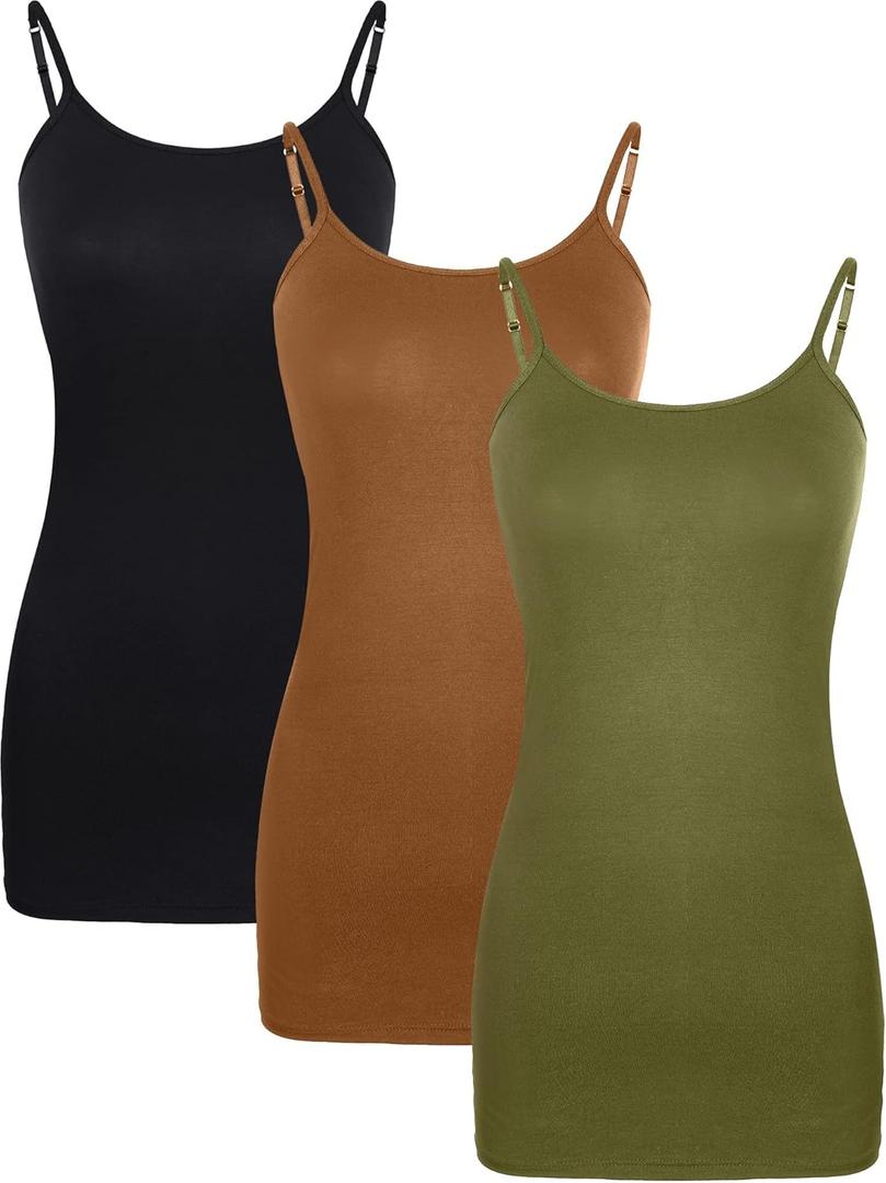 WILLBOND 3 Pieces Women Basic Long Tanks Adjustable Spaghetti Strap Camisole Top (Large, Black, Army Green, Chocolate)