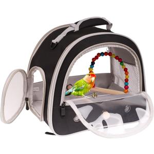 Portable Parrot Travel Cage Carrier with Small Swing Toy&Cage Colorful Toys Set Small Bird Parakeet Bag with Standing Perch Bird Carry Transport Bag (Black, Carreir/Swing)
