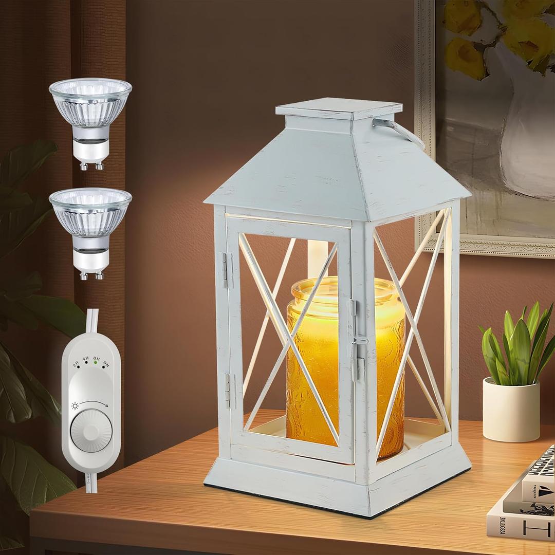 Candle Warmer Lamp with Timer, Candle Warmer Lantern for Jar Candle, Dimmable Candle Lamp Warmer Farmhouse Heat Lamp with 2 Bulbs, Auto Shut Off & Adjustable Brightness-White