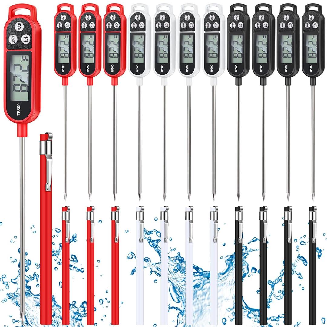 Copkim 12 Pcs Meat Food Thermometer Food with Probe Water Liquid Instant Read Digital Thermometer Kitchen Cooking Supplies for Cooking BBQ Milk Yogurt (Black,White,Red)