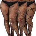 Geyoga 3 Pair Plus Size Rhinestone Fishnets Stockings Glitter Sparkly Tights High Waist Black Fishnet Pantyhose for Women (Large-X-Large)