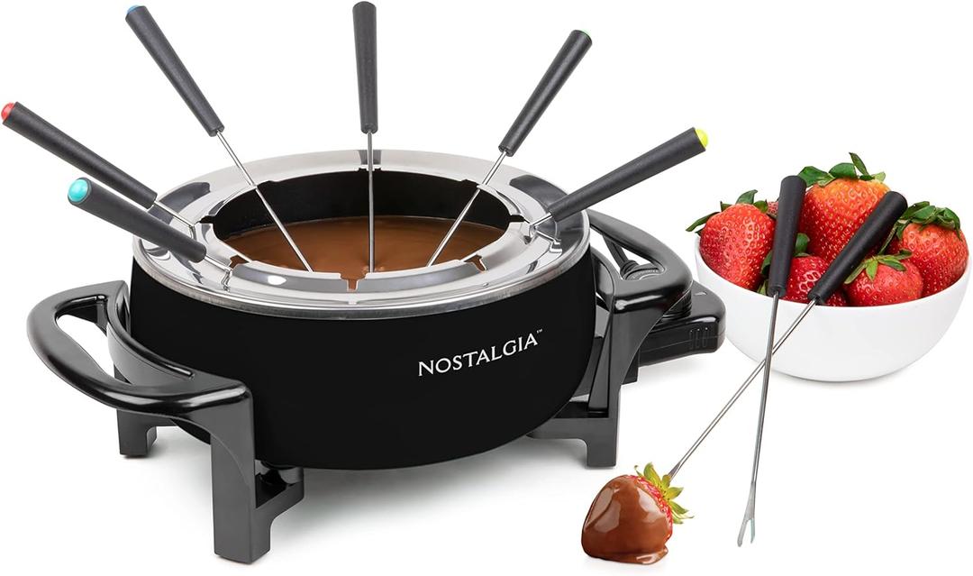 Nostalgia 12-Cup Electric Fondue Pot Set for Cheese & Chocolate - 8 Color-Coded Forks, Temperature Control - Stainless Steel Kitchen Gadgets and Appliances for Hors d'Oeuvres and More  Black