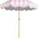 6.5ft Boho Beach Umbrella with Fringe, UPF 50+ Tassel Umbrellas with Carry Bag, Premium Wood Pole Foldable Patio Umbrella for Outdoor Holiday Garden Lawn Pool Yard Table (Pink Stripe)