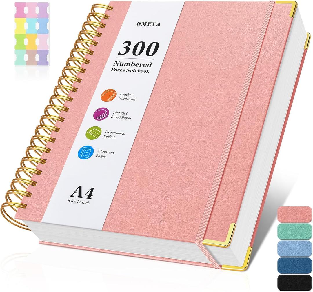 Spiral Notebook 8.5" x 11", 300 Numbered Pages Notebooks College Ruled with Contens, 100GSM Thick Journal for Women Men, Hardcover Leather Lined Journal for Writing, Large A4 Notebooks for Work School (Pink)
