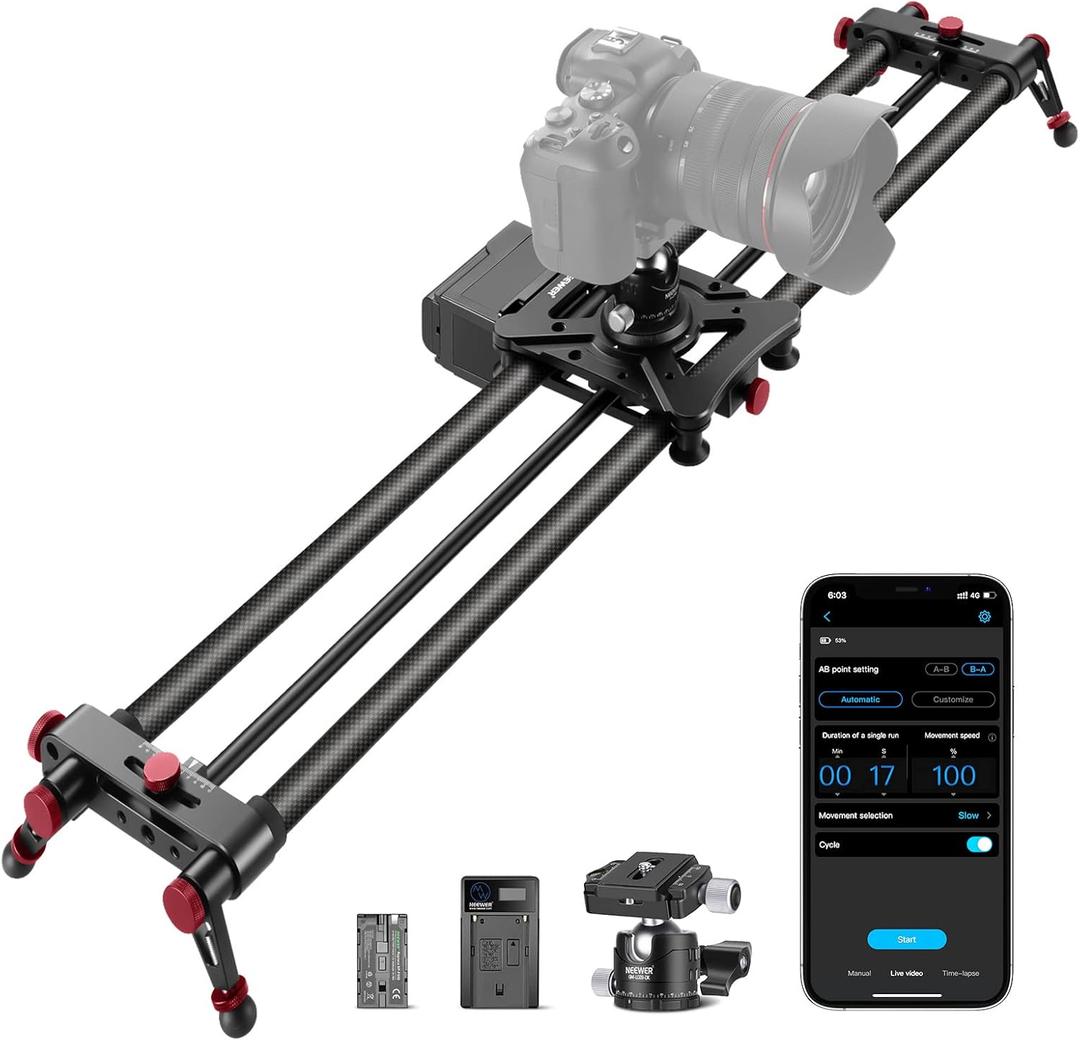 NEEWER 39.4/100cm Motorized Camera Slider, App Wireless Control Carbon Fiber Dolly Rail Slider, Support Video Mode, Time Lapse Photography, Horizontal, Tracking and 120 Panoramic Shooting (ER1-100)