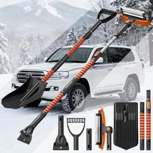 4-In-1 Snow Brush and Ice Scrapers for Car Windshield 55'' Extendable Snow Shovel Snow Broom Kit with Squeegee, Foam Grip 180°Pivoting Thicken Brush Head Portable Snow Scraper for Car, Trucks, SUV