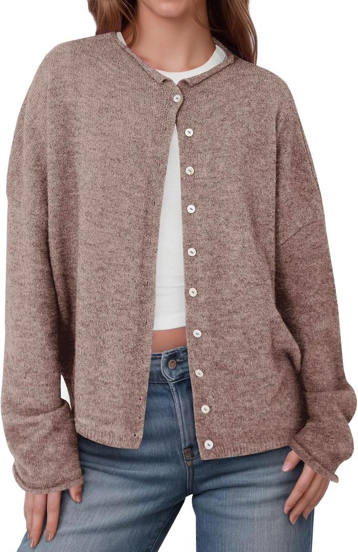 GREAIDEA Womens Button Up Cardigan Sweaters Trendy Lightweight Soft Long Sleeve Knit Loose Sweater 2025 Early Fall Outfits (X-Large, Khaki)