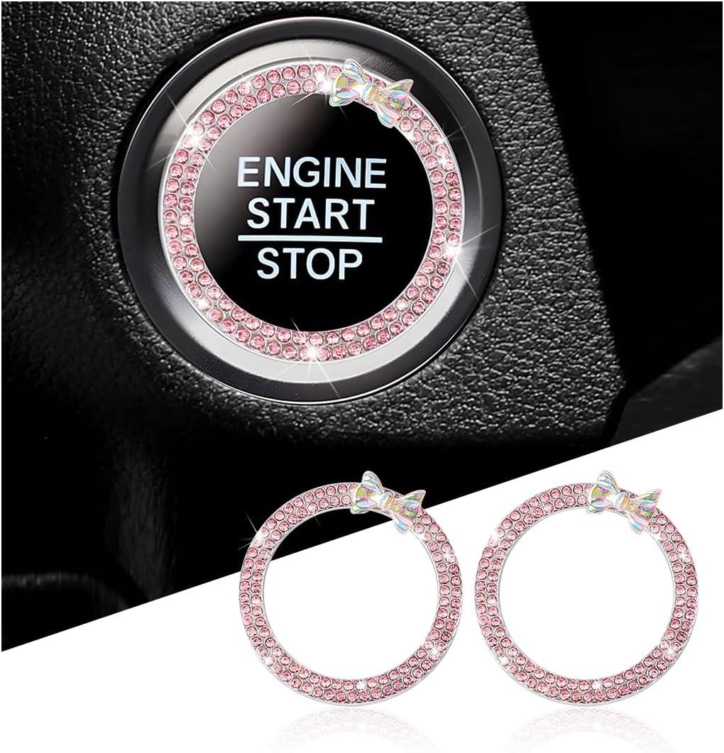 Mandark 2PCS Bling Car Engine Start Button Cover Stickers, Sparkling Rhinstones Ring Emblem, Diamond Shiny Key Ignition Knob Decal, Cute Auto Interior Decoration for Women GirlsPink