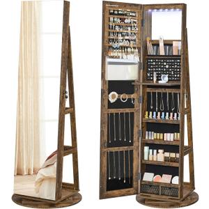 SONGMICS 6 LEDs Lockable Mirror Jewelry Cabinet, 360 Swivel Jewelry Organizer Armoire Standing, Frameless Full-Length Mirror, 3 Storage Shelves, Rustic Brown Surface, Black Lining UJJC007X01