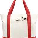 TOPDesign 1-Pack Canvas Tote Bag with an External Pocket, Reusable Grocery Shopping Bag, Top Zipper Closure, Daily Essentials (Red/Natural)