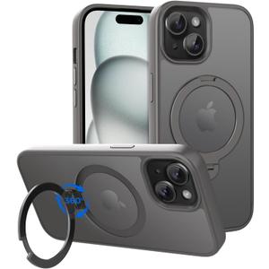 CACOE Magnetic Case for iPhone 15 6.1 inch with 360 Rotatable Ring Stand, Compatible with MagSafe Car Phone Mount, iPhone 15 Cases Cover Phone Holder for Desk Meeting/Videos (Light Gray)
