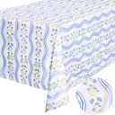 xo, Fetti Coastal Tablecloth, White + Blue | 9' x 4.5' | Bachelorette Tablescape, Dinner Party Setting, Beach Birthday Decoration, Cute Table cover, Floral Table Decor
