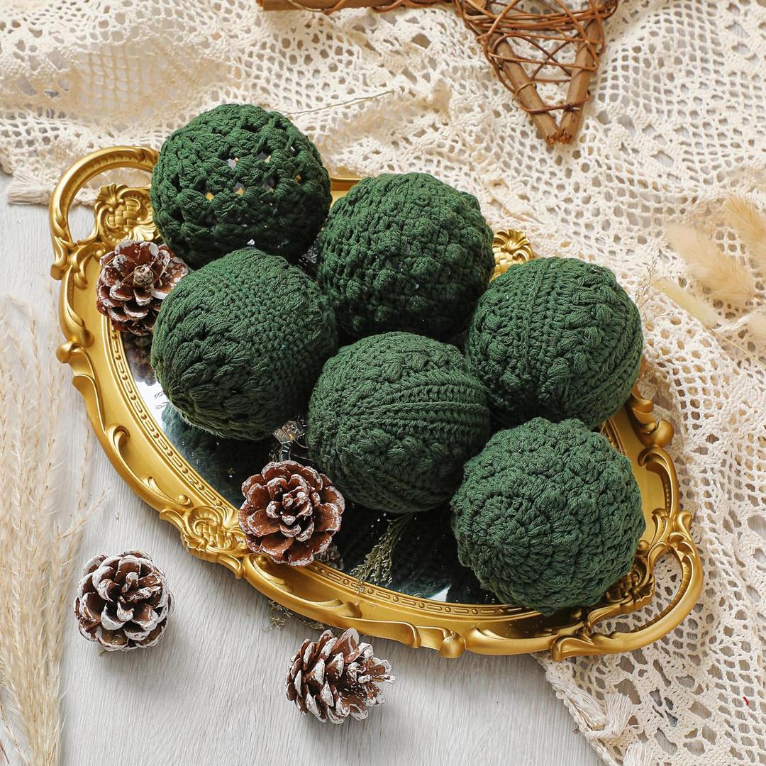 Syhood 12 Pcs Farmhouse Crochet Christmas Ornaments 4 Styles 3.15" Handmade Vintage Rustic Crochet Knitted Christmas Ball Ornaments for Xmas Tree Party Decoration Supplies (Dark Green)