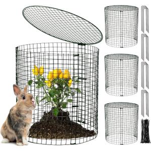 Hiboom 4 Set Garden Plant Protectors from Animals with Stakes, Metal Mesh and Detachable Covers Wire Plant Cage for Keeping Bunny Animals Out, Chicken Wire Cover Garden Protection (12x13)