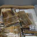 YOUBET 700PCS Gold Plastic Dinnerware Set - White and Gold Disposable Plates for 100 Guest - 200 Disposable Plates, 300 Heavy Duty Plastic Silverware, 100 Cups,100 Napkins for Wedding