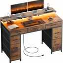 HLDIRECT 47 inch Computer Desk with 8 Storage Drawers, Gaming Desk with LED Lights & USB Power Outlets, Home Office Table with Monitor Stand, Study Writing Work Table for Bedroom, Rustic Brown, 47" W x 20.5" D x 29" H