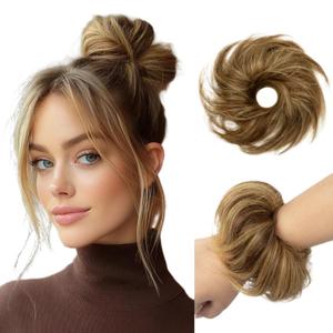 Messy Bun Hair Piece for Women Human Hair Buns Medium Brown Highlights Elastic 1Pcs 100% Real Hair Ponytail Wavy Curly Durable Bun Scrunchies Thick Updo Hairpieces (#P4-27 Medium Brown Highlights)