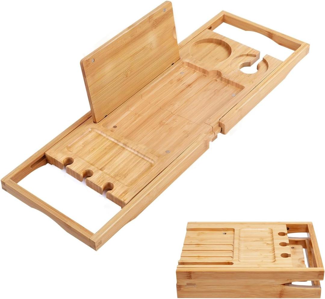 Utoplike Bamboo Bathtub Caddy Tray Bath Tray for Tub, Adjustable Bathroom Bathtub Organizer with Book Tablet Wine Glass Cup Towel Holder (24.5"-37.4")