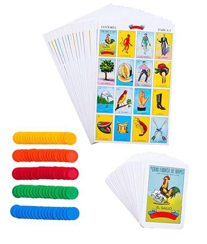 Loteria Mexican Bingo Game Kit - for 20 Players - Includes 1 Deck of Cards and Boards - with 100 Bingo Chips - for The Entire Family - Great for Learning Spanish.