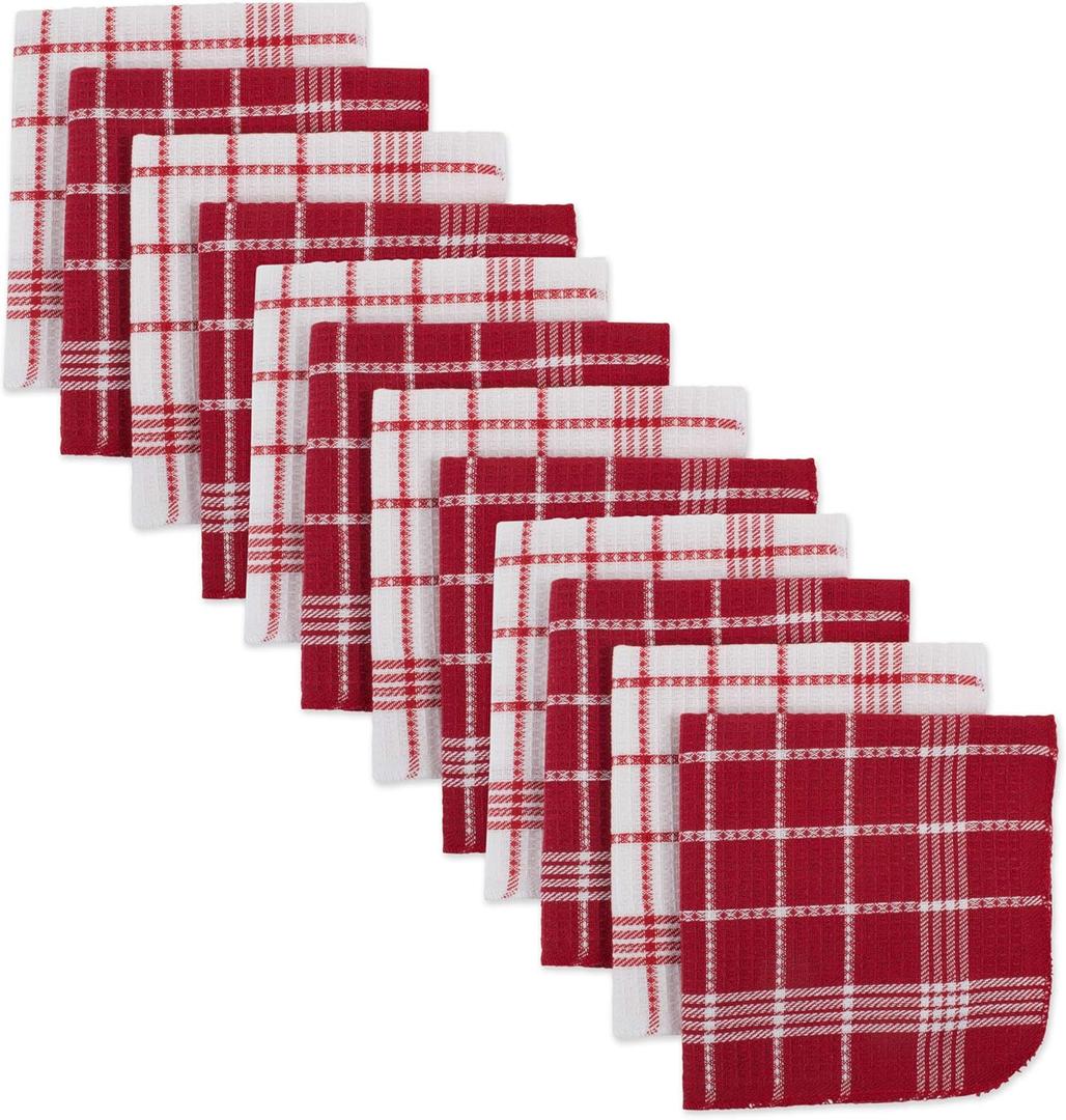 DII Waffle Weave Kitchen Collection, 100% Cotton, Dishcloth Set, Red 12 Piece
