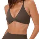 SUUKSESS Women 2 Piece Workout Sets Twist V Neck Sports Bra Yoga Gym Biker Short (Brown, S)