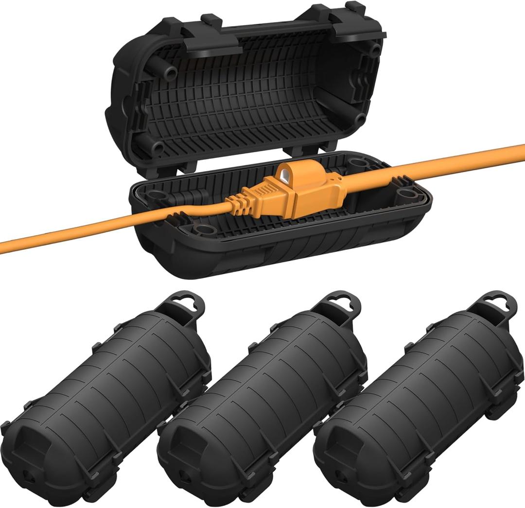 Extension Cord Cover Outdoor, 4 Pack IP54 Water-Resistant Power Cord Protector Electrical Connection Box Outside Cable Safety Cover for Electronics Plug Outlet Tool Holiday Light, Black