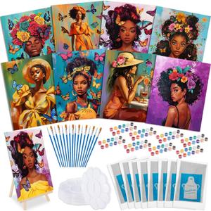Tenceur 72 Pieces Pre Drawn Canvas Kit 8" x 10" Paint and Sip Kit for Adults Painting Party Pre Printed Canvas DIY Pre Stenciled Canvas with Paints Easels Aprons Brushes for Party Gifts(Black Girl)