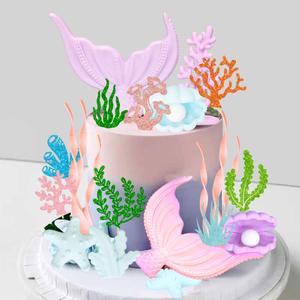 Gyufise 21Pcs Mermaid Cake Topper Big Mermaid Tails Seaweed Shells Seagrasses Cake Set for Ocean Under the Sea Cake Decor Birthday Party Supplies Pink
