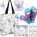 Butterfly Lover Gifts for Women Birthday Gifts Baskets Set Include Canvas Tote Bag, Makeup Bag, Socks, Keychain, Enamel Mug, Small Figurines for Mom, Wife, Sister, Friend