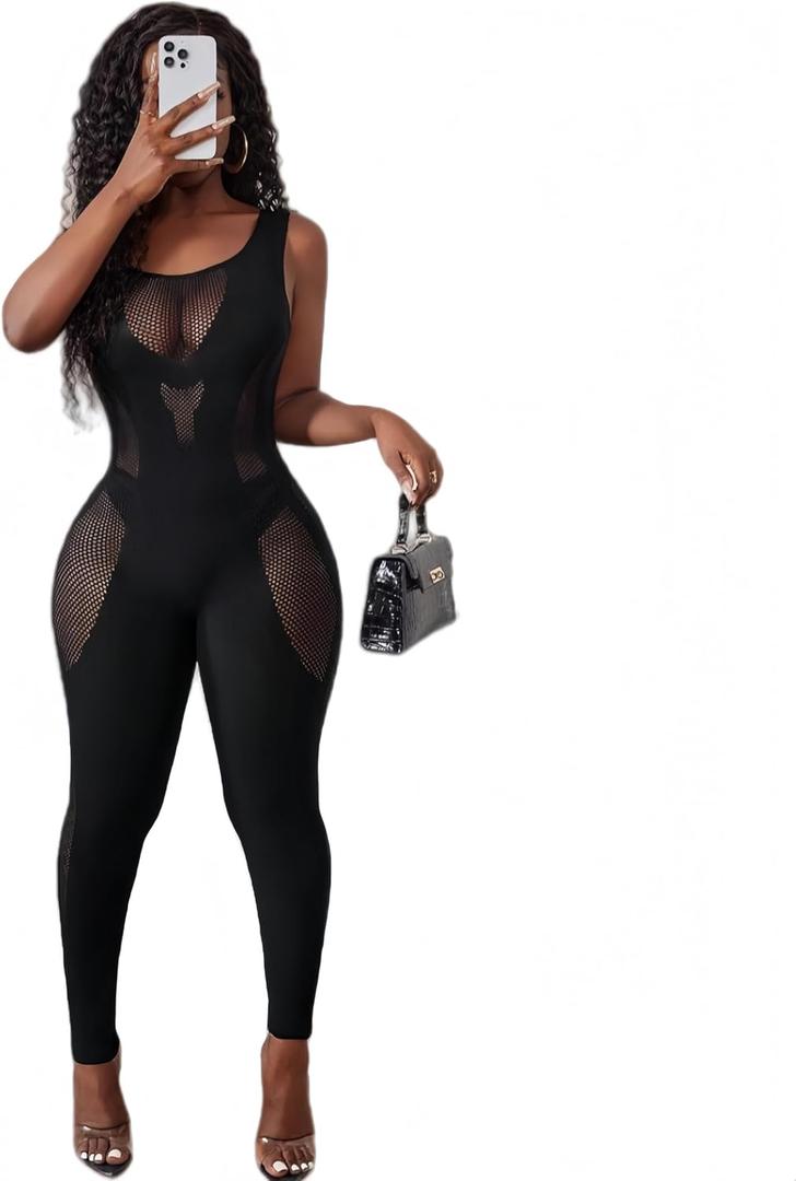 k.SELLOUT Women Sexy Fishnet Bodysuit Mesh Badydoll Soft Nightwear Lingerie One Piece (L-XXL, Black)