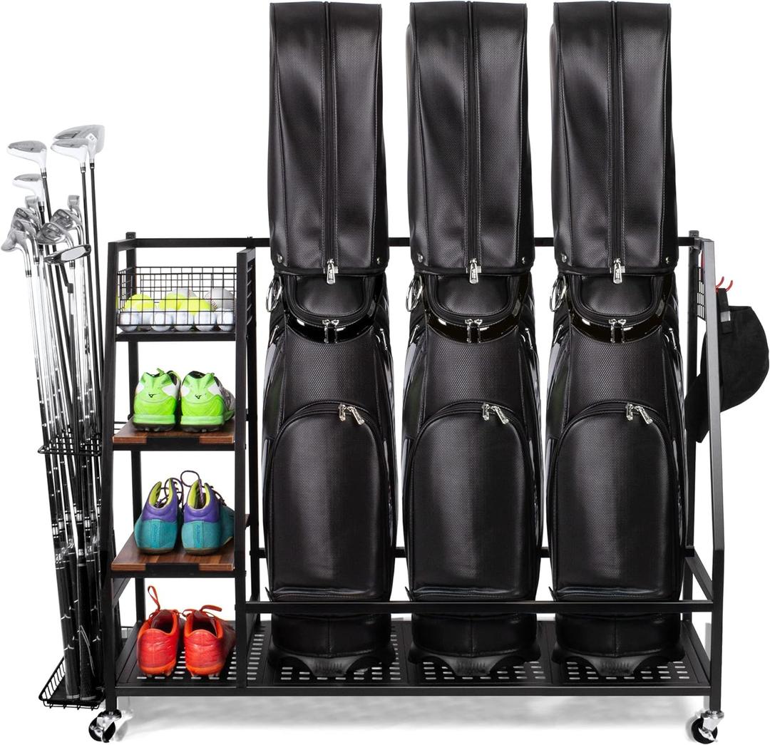 Sttoraboks Golf Bags Storage Garage Organizer, Golf Bag Rack Fits 2/3 Golf Bags and Golf Equipment Accessories, Golf Club Storage Stand with Wooden Shelf and Lockable Wheels for Garage Indoor Basement