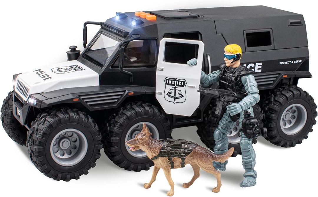 i diy Police Car Toy - 8x8 Friction Powered with Light and Sounds, Openable Doors, Military Policeman & Dog - Big Wheel Truck, Police Cars for Kids Ages 3-5