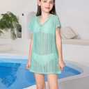 Milumia Girl's Crochet Coverup Cut Out V Neck Short Sleeve Sheer Swimsuit Cover Ups Green 7 Years