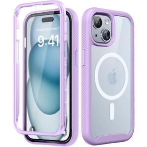 Magnetic for iPhone 15 Case with Built-in Sensitive Screen Protector, Full-Body Dual Front & Back Protective Phone Case [Compatible with MagSafe] Drop Proof 15 Cover 6.1 Inch, Purple