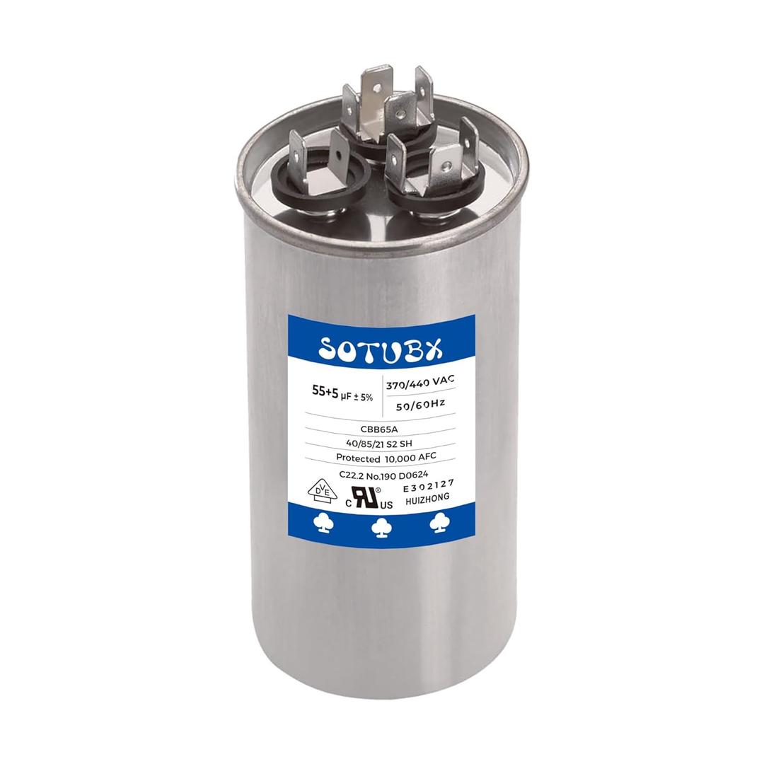 55+5 uF 5% 55/5 MFD 370/440 VAC CBB65 Dual Run Start Round Capacitor for Condenser Straight Cool or Heat Pump Air Conditioner or AC Motor and Fan Starting CBB65A 55+5MFD 370VAC and 440VAC