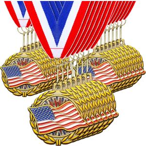 30 Pack Gold Patriotic Medals 2'' American Flag Medals Bulk Trophy with Neck Ribbons Spirit Medallion with Stars Stripes USA Flag Independence Day Awards for Participation Prize Winner Gift