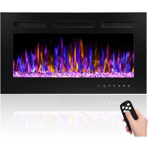 30" Electric Fireplace Wall Mounted and Recessed with Remote Control, 750/1500W Ultra-Thin Wall Fireplace Heater W/Timer Adjustable Flame Color and Brightness, Log Set & Crystal Options