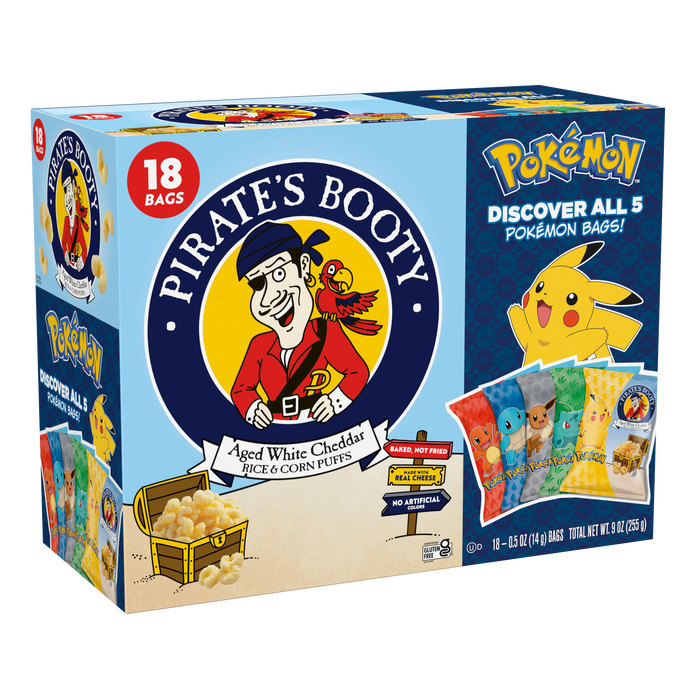 PIRATE'S BOOTY Pokémon Aged White Cheddar Rice & Corn Puffs, 0.5 oz Bags (18 Count), 3 Pack, Best By: 01/26/2026