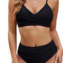 Edelqual Women's High Waisted Bikini Sets Two Piece Swimsuit Tummy Control Bathing Suit V Neck Swimwear 2025 Swim Suit (Black) S