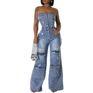 ksotutm Denim Jumpsuit for Women Strapless Multi Pockets Wide Leg Loose Baggy Jean Romper Cargo Overalls (Medium, Blue)