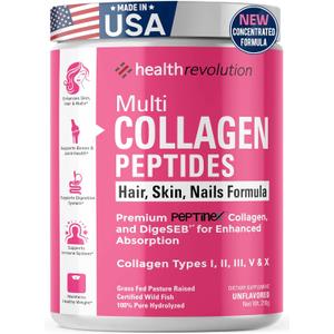 Multi Collagen Peptides Powder Types I, II, III, V, X, Hydrolyzed Collagen for Women, 99% Absorption, Skin Hair Nails Joints, Triple Refined - No Clumping, Non-GMO, Gluten Free, Grass Fed Unflavored, BB 04/26
