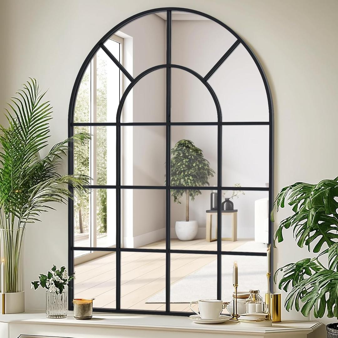 Arched Windowpane Wall Mirror 24"x36" Black Wall Mounted Art Pane Mirror Farmhouse Decorative Mirror Leaning Hanging Wall Mirror for Bedroom Living Room Entrance Hallway Wall Decor