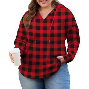 OLRIK Plus Size Hooded For Women V Neck Pullover Oversized Sweatshirts Long Sleeve Tops Loose Fit