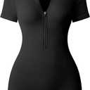 OQQ Women Rompers Ribbed Short Sleeve Zip Front Stretch Tummy Control Yoga Workout Rompers (Small, Black)