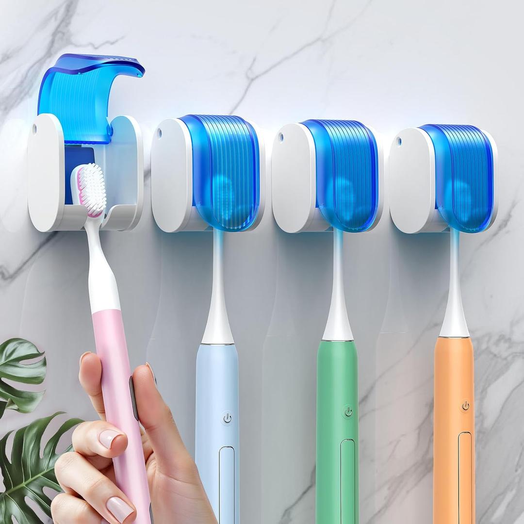 4 Pcs Toothbrush Holders Wall Mounted, Single Slot Design, Shower Self Adhesive Wall Mounted Toothbrush Holder with Cover, Waterproof and Dustproof, Suitable for Bathroom, Family, Travel (Blue)
