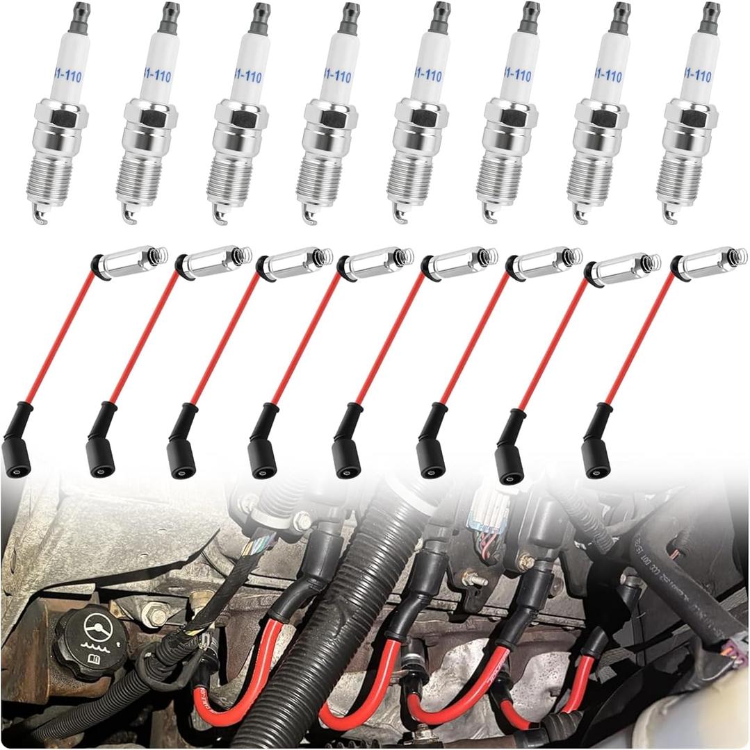 8PCS Car Spark Plug Wires with 8PCS Spark Plugs,41-110 Car Sparks Plugs and Wires Set Compatible with GMC Cadillac Hummer,OEM 7831 Automotive Replacement Sparks Plug Wire Sets