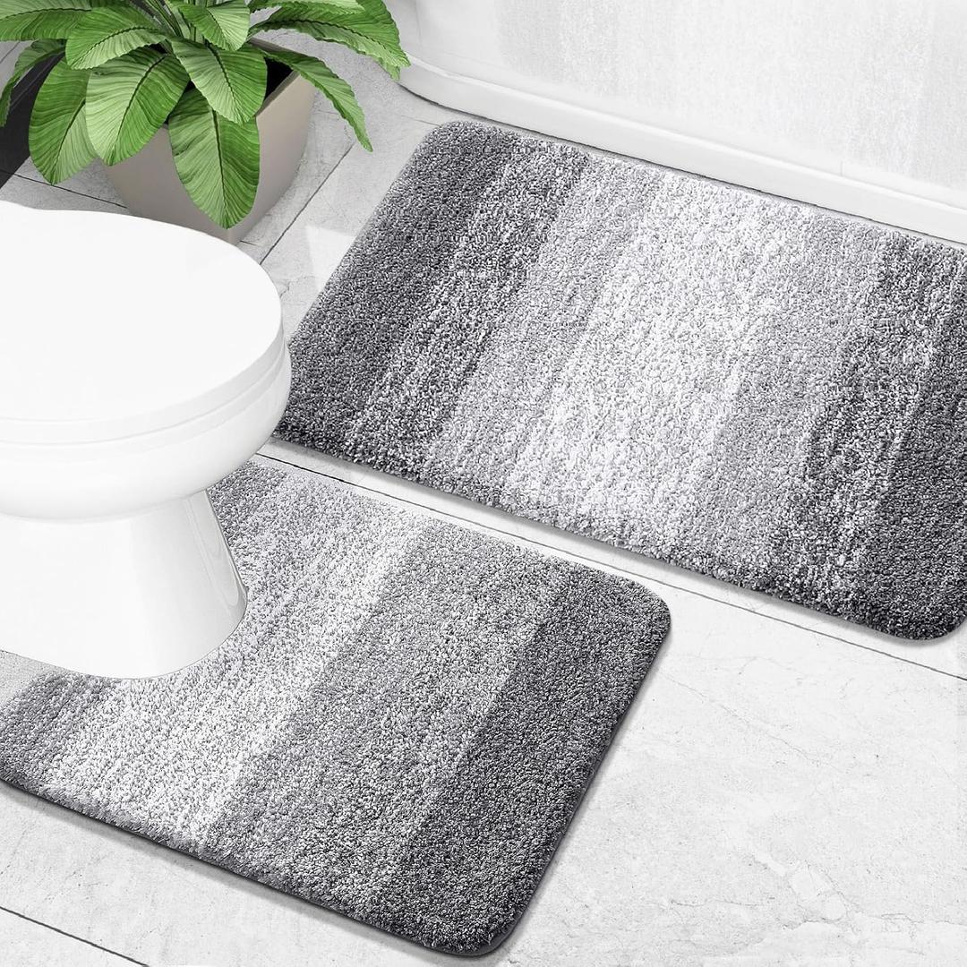 OLANLY Bathroom Rug Set 2 Piece, Soft Absorbent Microfiber Bath Mats and U-Shaped Contour Toilet Rug, Non-Slip, Machine Wash Dry, Plush Shaggy Bath Mats for Bathroom (24"x16"+24"x20", Grey)