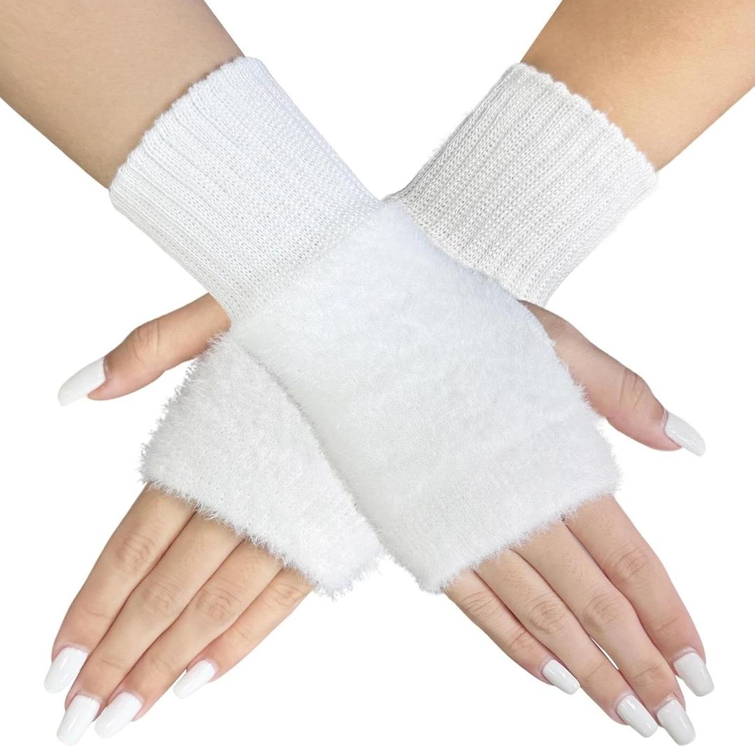 Fleece Soft Winter Fingerless for Women Warm Solid White Knitted Wrist Mittens Womens Arm Warmer (White)